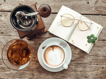 High angle view of coffee cup on table