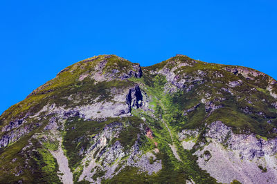 Low angle view of man against mountain against clear blue sky