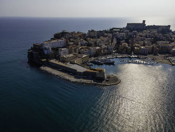 Aerial view of gaeta old city, a small town along the mediterranean coast in lazio, italy.