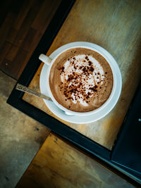 High angle view of coffee on table