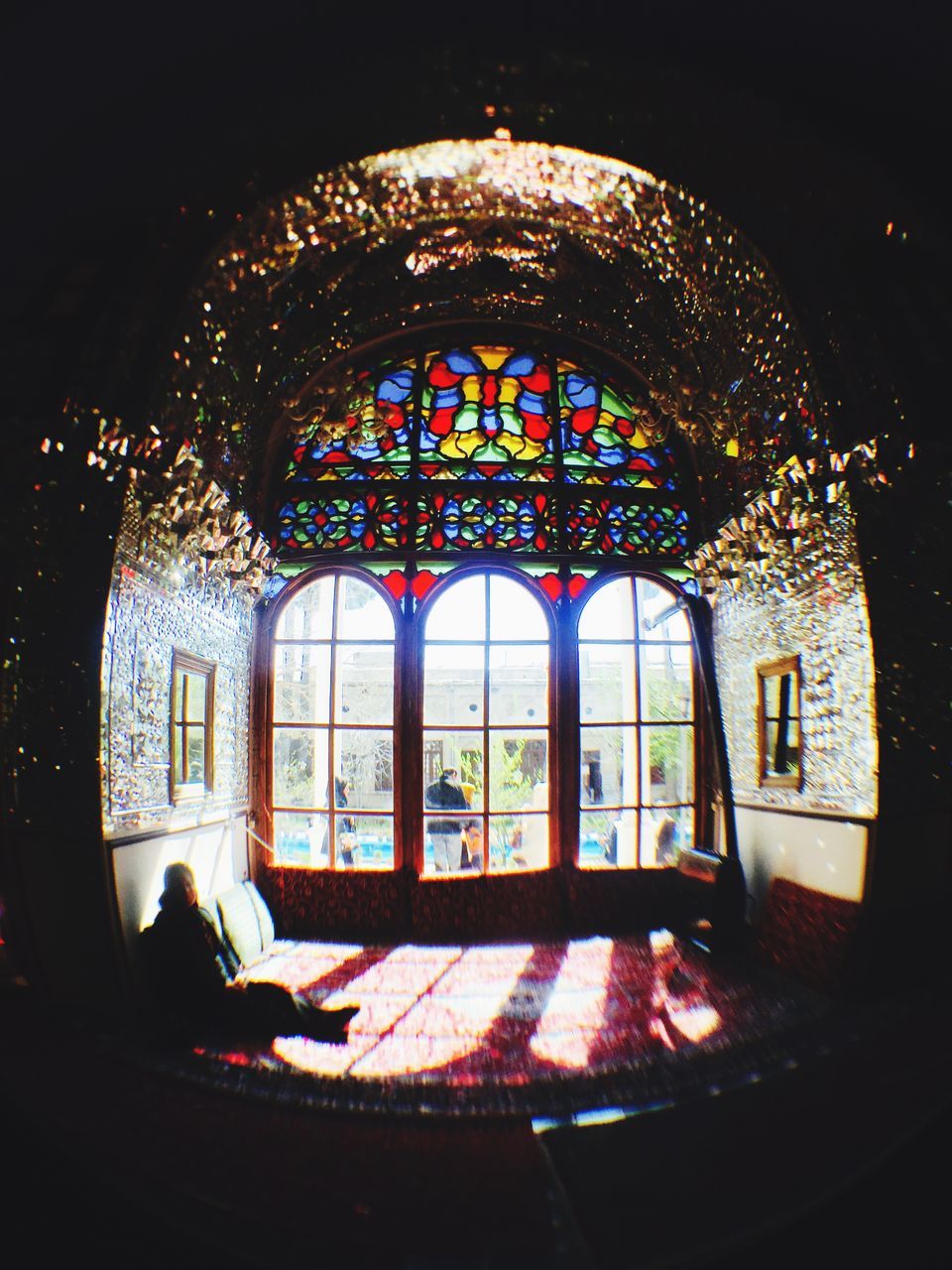 indoors, window, arch, religion, place of worship, built structure, architecture, spirituality, glass - material, church, entrance, stained glass, no people, dark, door, transparent, day, pattern, ornate