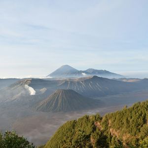 Panoramic view of volcanic landscape against sky