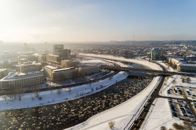 High angle view of road amidst buildings in city