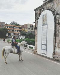 Man riding horse against sky