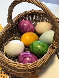 High angle view of multi colored eggs in basket