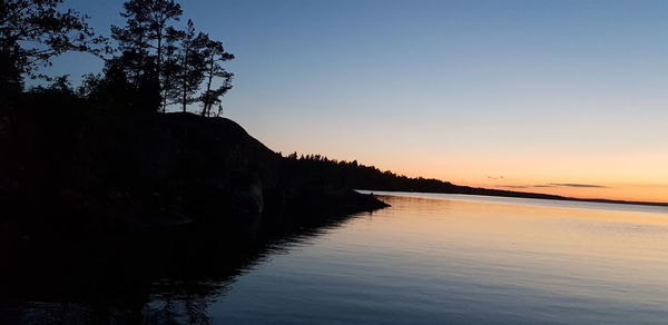 Scenic view of lake against clear sky during sunset