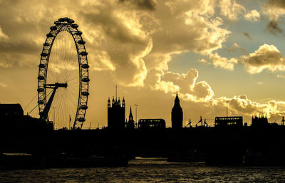 View of river by ferris wheel in city against cloudy sky