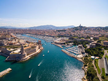 High angle view of buildings in city