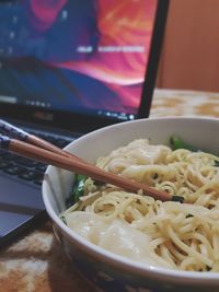 Close-up of soup in bowl on table