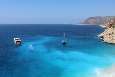 Aerial view of boats sailing in blue sea