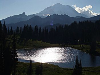 Scenic view of lake with mountains in background