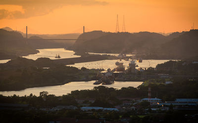 View of city at sunset