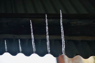 Close-up of icicles on metal fence during winter