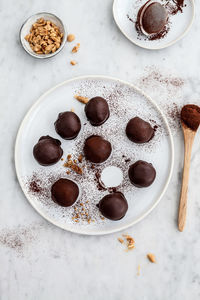 High angle view of chocolate cake on table