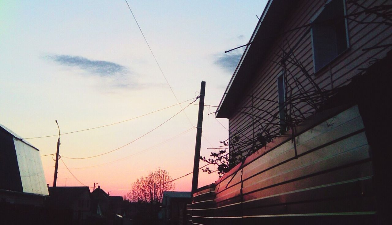 sky, cable, building exterior, built structure, architecture, sunset, electricity, power line, low angle view, nature, no people, building, cloud - sky, connection, city, silhouette, transportation, outdoors, power supply, street, telephone line