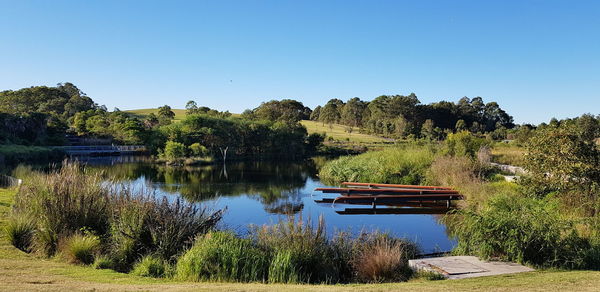 Scenic view of lake against clear blue sky