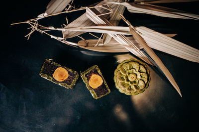 High angle view of fruits on table