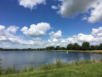 Scenic view of lake against cloudy sky