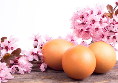 Close-up of easter eggs and pink flowers on wood