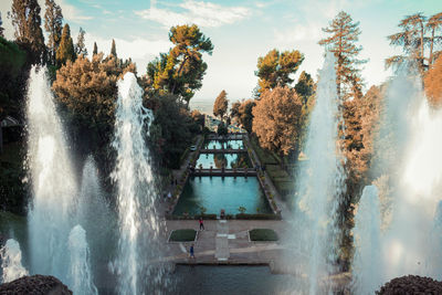 Panoramic view of water fountains and nature garden