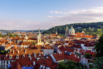 High angle shot of townscape against sky