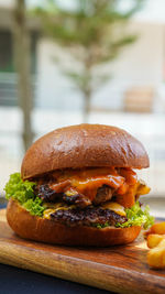 Close-up of burger on table