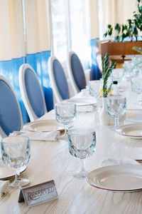 Empty glasses on table in restaurant