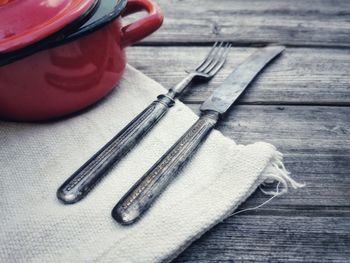 High angle view of objects on table