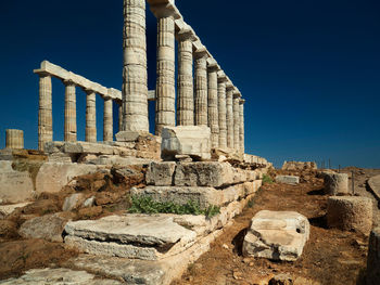 Low angle view of old ruins against clear blue sky