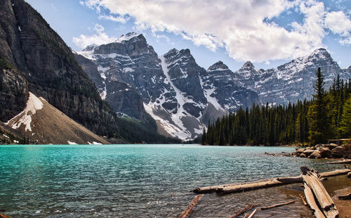 Scenic view of lake by mountains against sky