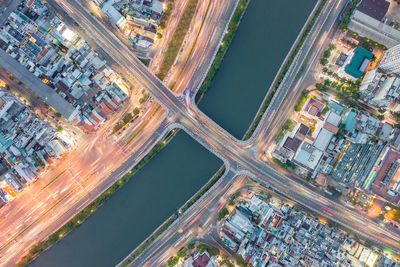 High angle view of city buildings