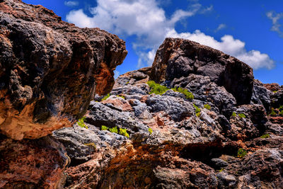 Low angle view of rock formation against sky