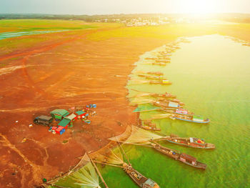 High angle view of sea shore against sky