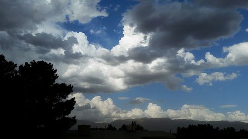 Low angle view of storm clouds over silhouette trees