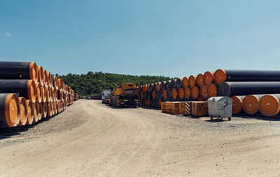 Bulgaria, brusartci, may 13th, 2020. lines of pipes for natural gas in storage used for pipeline. 