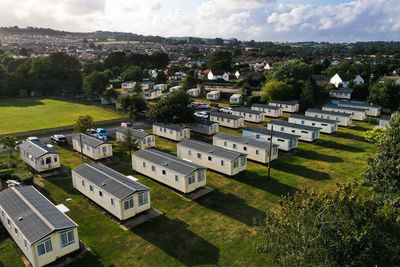 High angle view of holiday park casting long shadows