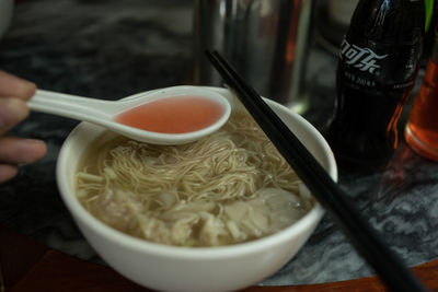 Close-up of soup in bowl on table