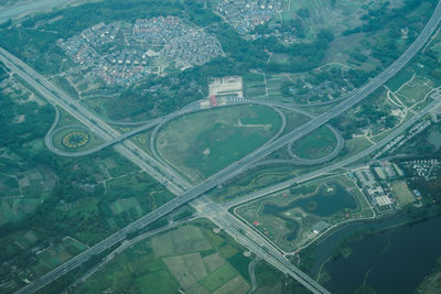 Aerial view of city seen through airplane window