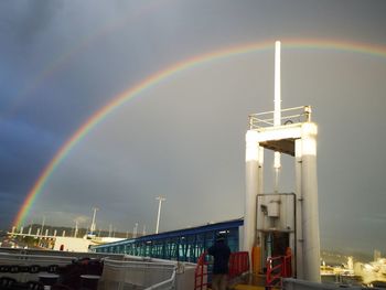 Rainbow over city against sky