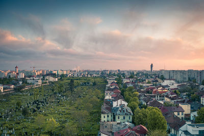 High angle view of townscape against sky during sunset