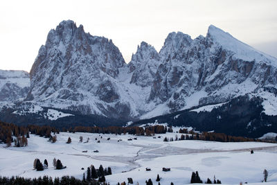 Scenic view of snow covered mountains against sky