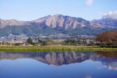 Scenic view of lake by mountains against sky