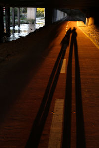 Shadow of people walking on footpath in city