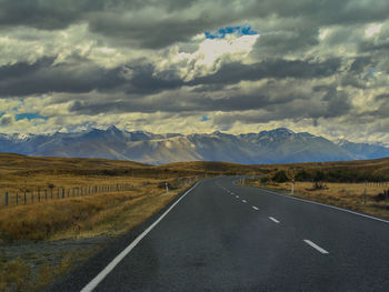 Empty road along landscape against cloudy sky