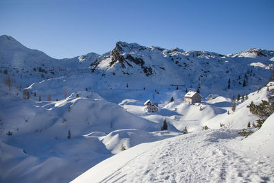 Snow covered landscape against sky