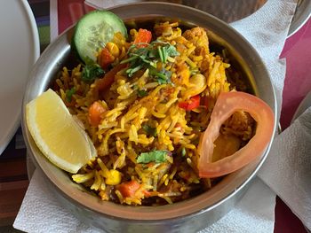 High angle view of meal served in bowl