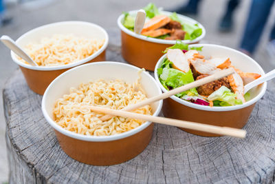 High angle view of meal served on table