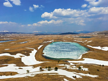 Scenic view of frozen lake against sky during winter