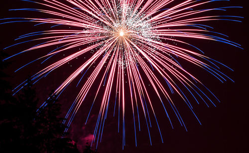 Low angle view of firework display at night