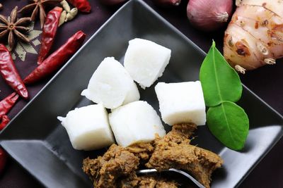 High angle view of food in plate on table